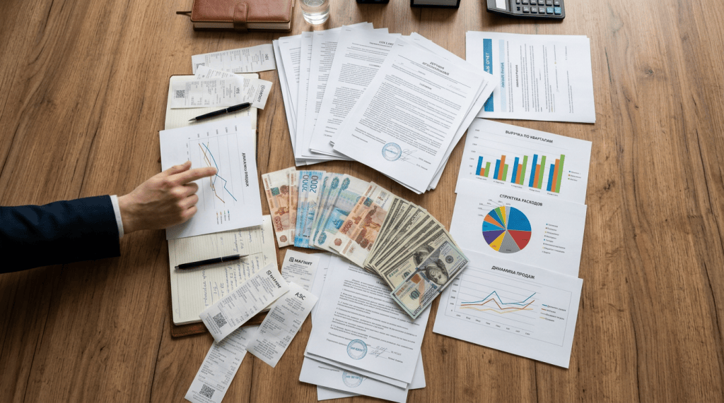 Financial documents, charts, receipts, Russian rubles, and US dollar bills on a desk