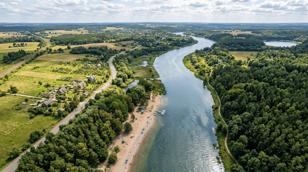 Aerial view of a winding river, sandy beach, forests, farmland, and villages